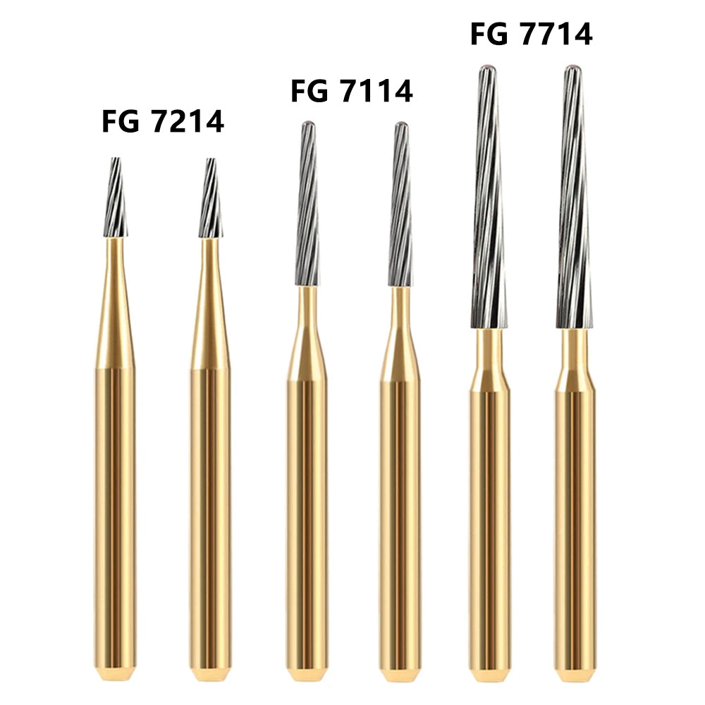 LYuen 5pcs 12-Fluted Tungsten Carbide Burs – FG7114/FG7214/FG7714 Taper Fissure Trimming & Finishing Tool, 1.6mm Shank for High Speed Handpiece (0.9-1.4mm Head)
