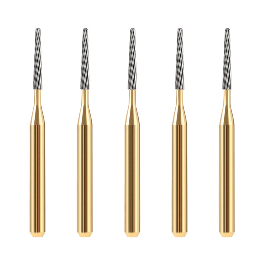 LYuen 5pcs 12-Fluted Tungsten Carbide Burs – FG7114/FG7214/FG7714 Taper Fissure Trimming & Finishing Tool, 1.6mm Shank for High Speed Handpiece (0.9-1.4mm Head)