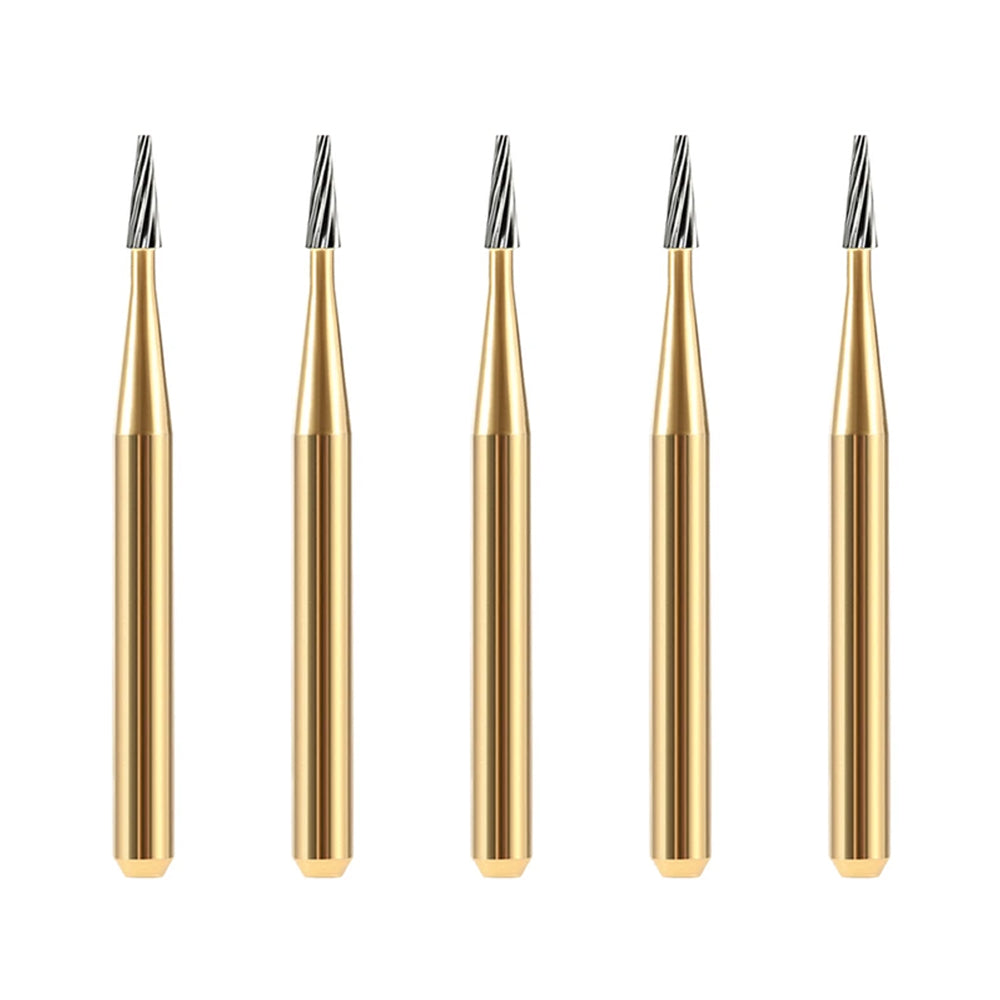 LYuen 5pcs 12-Fluted Tungsten Carbide Burs – FG7114/FG7214/FG7714 Taper Fissure Trimming & Finishing Tool, 1.6mm Shank for High Speed Handpiece (0.9-1.4mm Head)