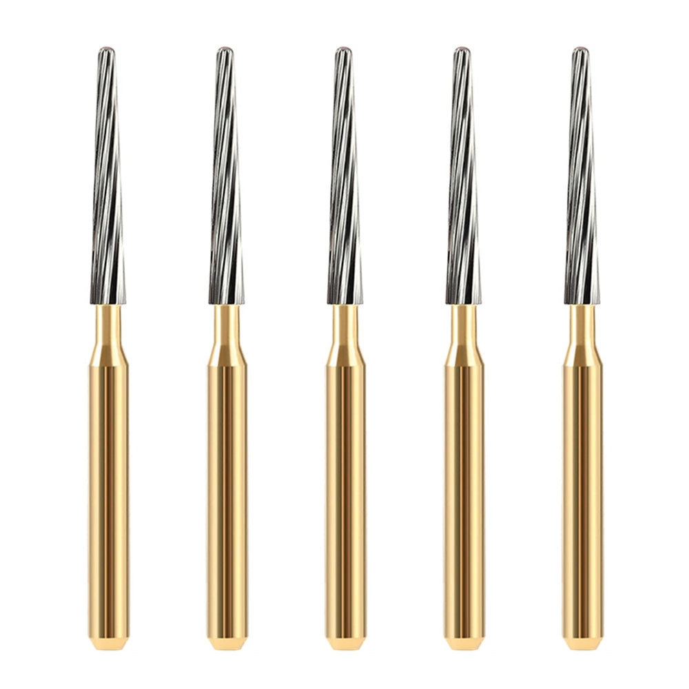 LYuen 5pcs 12-Fluted Tungsten Carbide Burs – FG7114/FG7214/FG7714 Taper Fissure Trimming & Finishing Tool, 1.6mm Shank for High Speed Handpiece (0.9-1.4mm Head)