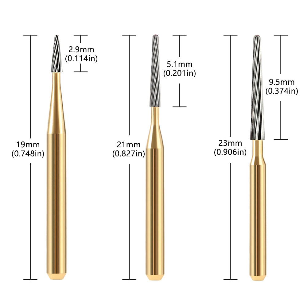 LYuen 5pcs 12-Fluted Tungsten Carbide Burs – FG7114/FG7214/FG7714 Taper Fissure Trimming & Finishing Tool, 1.6mm Shank for High Speed Handpiece (0.9-1.4mm Head)