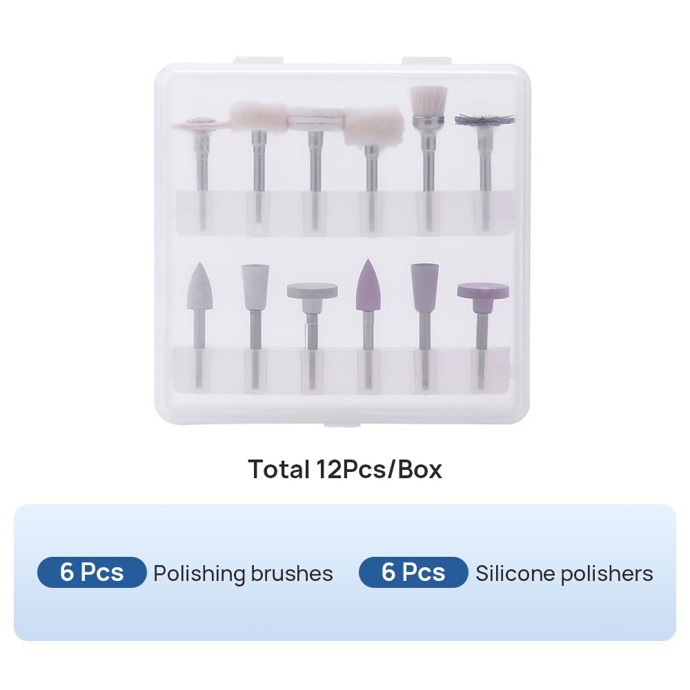 LYuen 12Pcs Dental Composite Polishing Kit – Multi-Material Silicone/Goat Hair/Felt Polishers, RA 2.35mm for Low Speed Handpiece, Finishing Tools (15,000 RPM)
