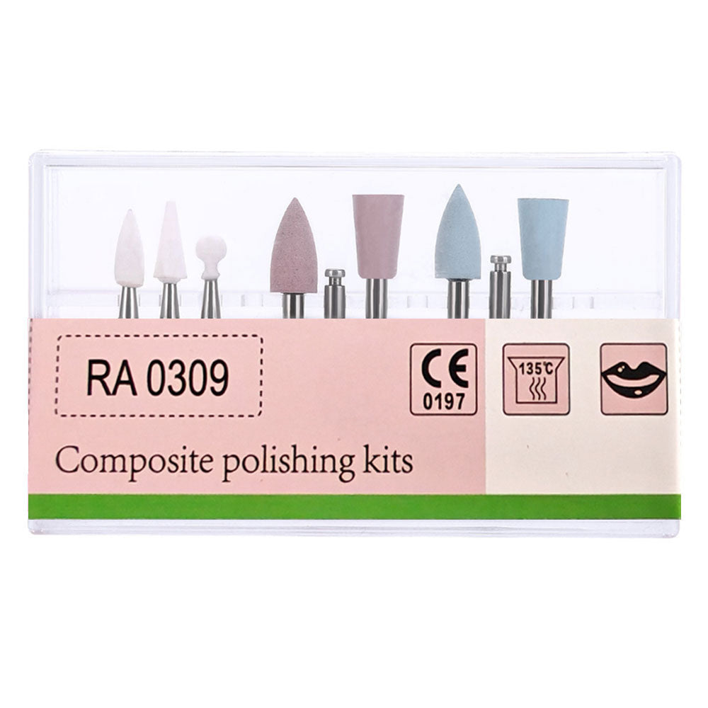 LYuen 9pcs RA0309 Dental Composite Polishing Kit – 3 White Stone + 6 Silicone Rubber Polishers, RA Low Speed Handpiece Contra Angle, Resin Sanding Set