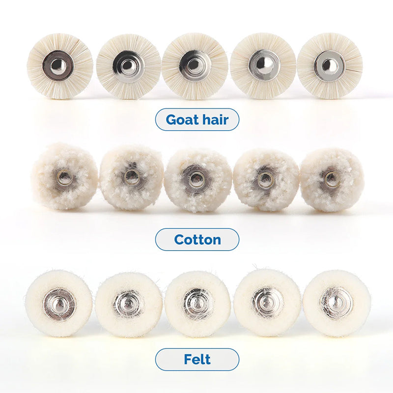 LYuen 5Pcs Dental Polishing Brush Set – Felt/Wool/Cotton/Goat Hair Wheels, RA 2.35mm Shank for Rotary Tools, Autoclavable Polisher