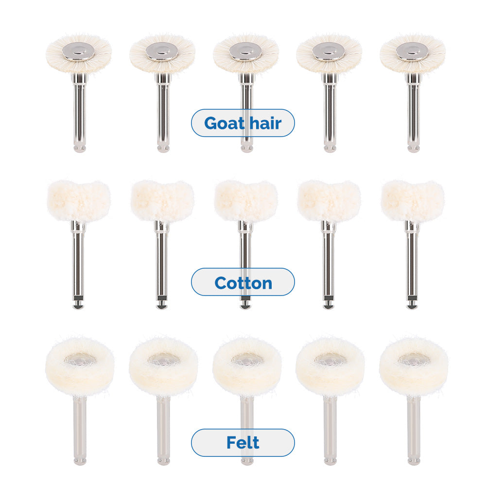 LYuen 5Pcs Dental Polishing Brush Set – Felt/Wool/Cotton/Goat Hair Wheels, RA 2.35mm Shank for Rotary Tools, Autoclavable Polisher