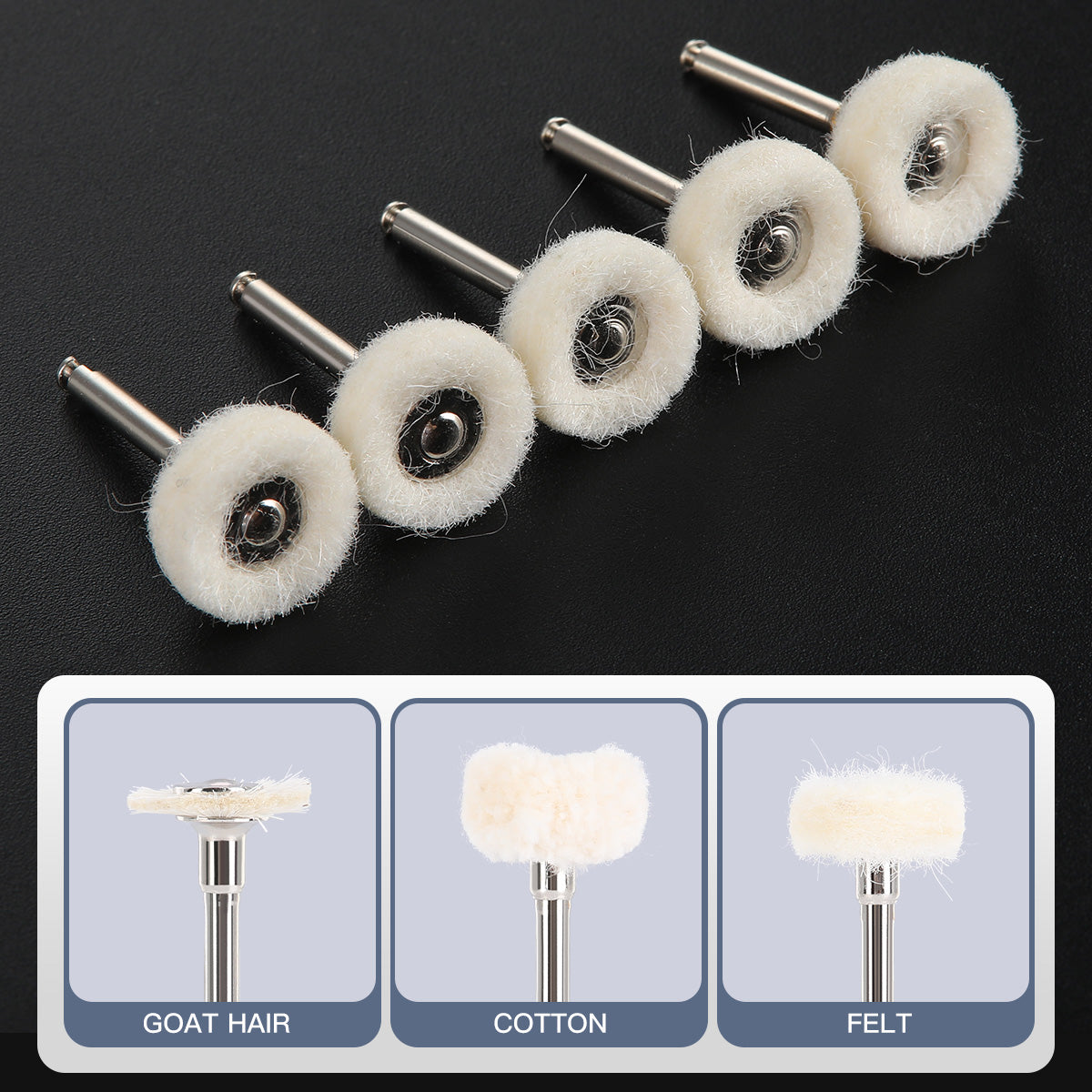 LYuen 5Pcs Dental Polishing Brush Set – Felt/Wool/Cotton/Goat Hair Wheels, RA 2.35mm Shank for Rotary Tools, Autoclavable Polisher