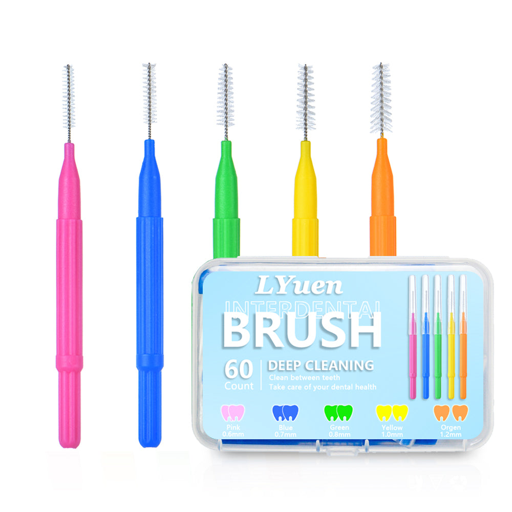 LYuen 5 Sizes Orthodontic Interdental Brushes – 60Pcs Extra Slim Dental Picks for Tight Gaps & Bridge Care, Thin Handle Design