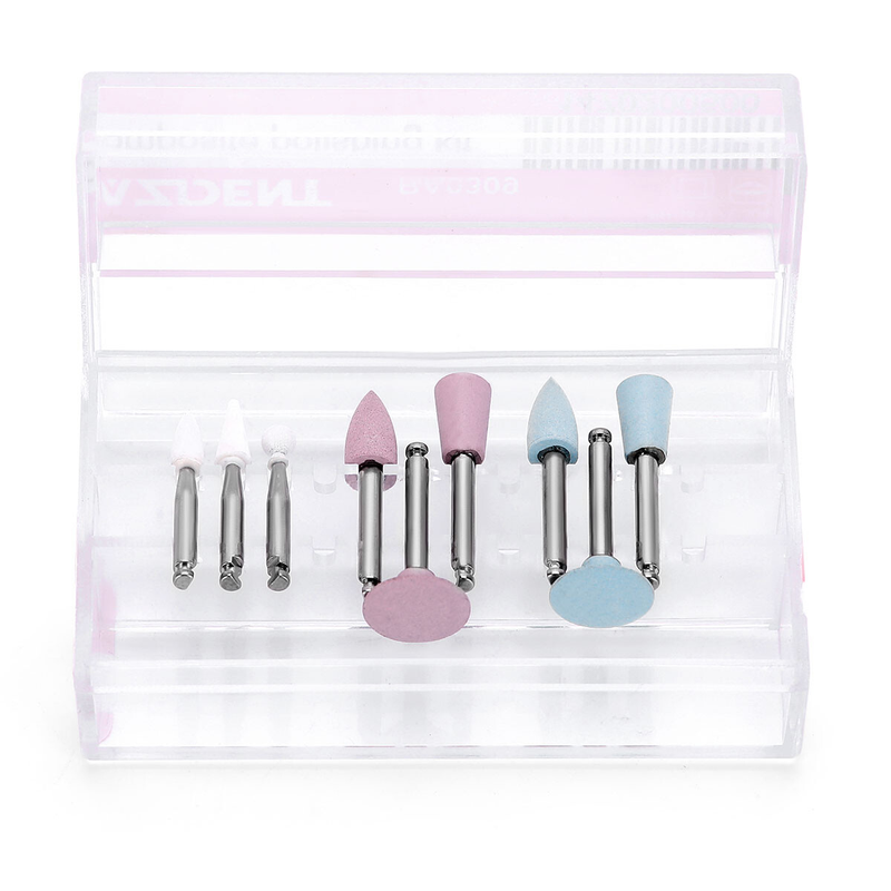LYuen 9pcs RA0309 Dental Composite Polishing Kit – 3 White Stone + 6 Silicone Rubber Polishers, RA Low Speed Handpiece Contra Angle, Resin Sanding Set
