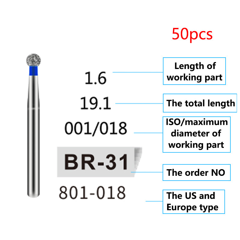 LYuen 50Pcs Dental Diamond Burs Set – FG 1.6mm High Speed Handpiece Burs, Polishing & Whitening Lab Material, Mixed Types Available (50 Burs Per Type)