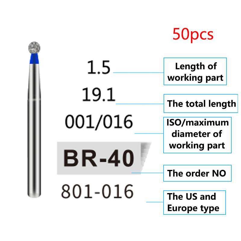 LYuen 50Pcs Dental Diamond Burs Set – FG 1.6mm High Speed Handpiece Burs, Polishing & Whitening Lab Material, Mixed Types Available (50 Burs Per Type)