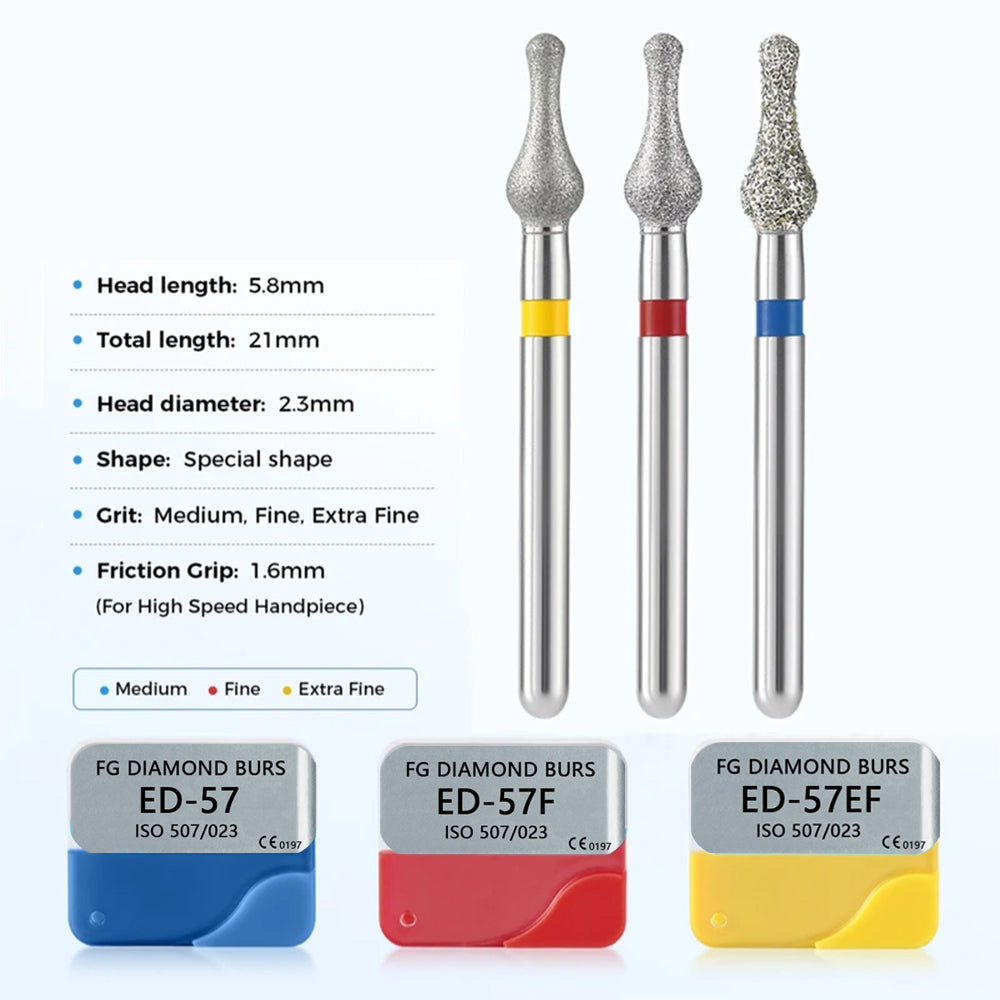 LYuen 5Pcs Dental Diamond Burs 893/507-023 – Medium/Fine/Extra Fine Grit, Special Shape for Crown Preparation & Tooth Trimming, FG 1.6mm High Speed Handpiece (2.3mm Head)