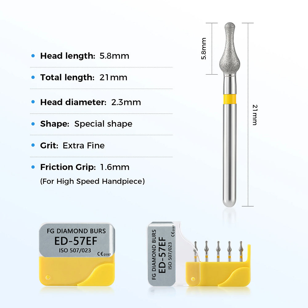 LYuen 5Pcs Dental Diamond Burs 893/507-023 – Medium/Fine/Extra Fine Grit, Special Shape for Crown Preparation & Tooth Trimming, FG 1.6mm High Speed Handpiece (2.3mm Head)