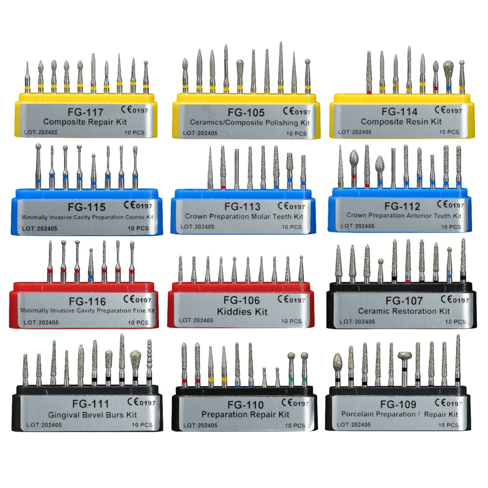 LYuen Dental Diamond FG Burs Kit Set – Full Series FG-101 to FG-117 for Crown/Cavity/Inlay/Ceramic/Composite Preparation, Polishing & Restoration, High Speed Handpiece Tools