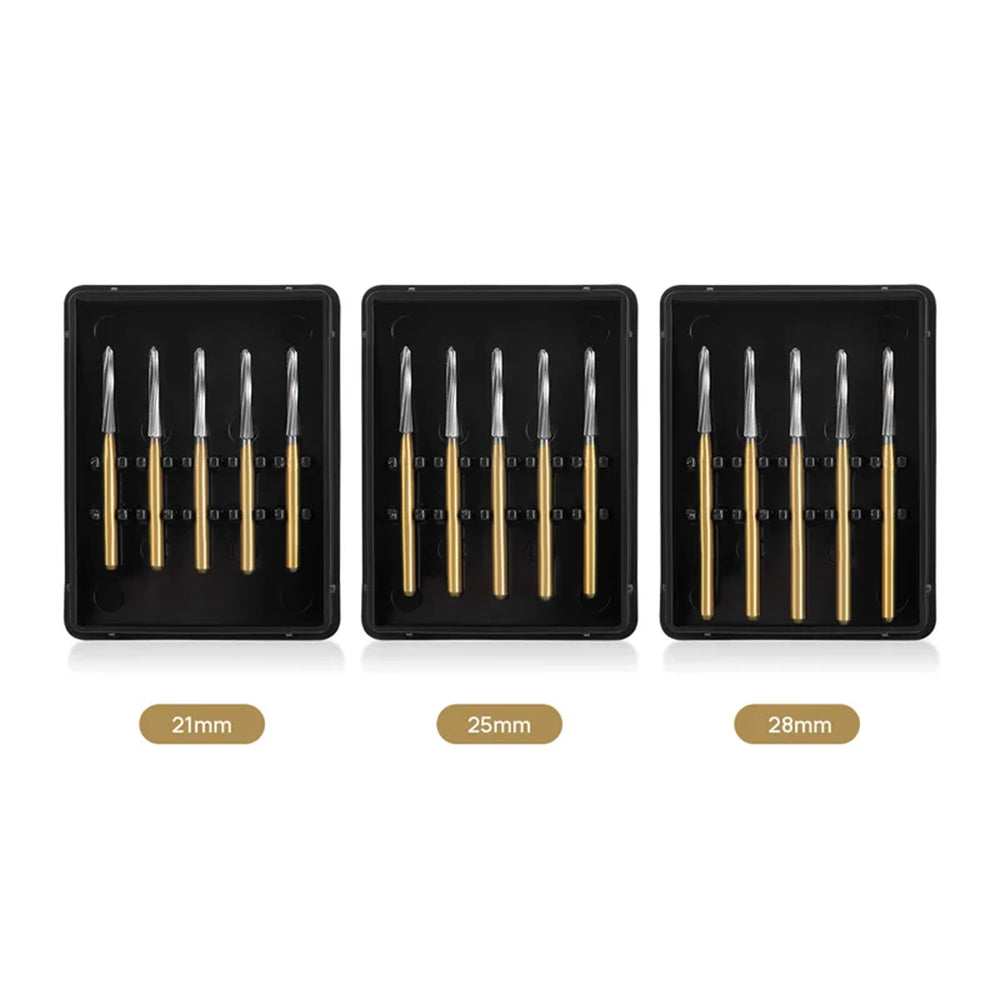 LYuen 5Pcs Endodontic Carbide Burs – FG 1.6mm Tungsten Steel Shaping Tool for High Speed Handpiece, Root Canal Access Preparations (21/25/28mm)