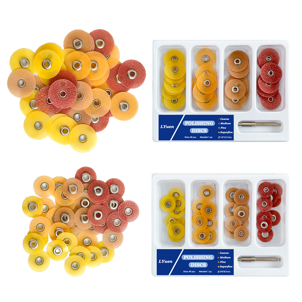 LYuen 40Pcs Dental Finishing & Polishing Discs Kit – 4-Color Grit System with 1PC RA 2.35mm Mandrel, Autoclavable for Composites/Ceramics/Glass Ionomer (1/2" & 3/8")