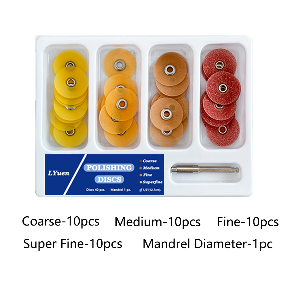 LYuen 40Pcs Dental Finishing & Polishing Discs Kit – 4-Color Grit System with 1PC RA 2.35mm Mandrel, Autoclavable for Composites/Ceramics/Glass Ionomer (1/2" & 3/8")