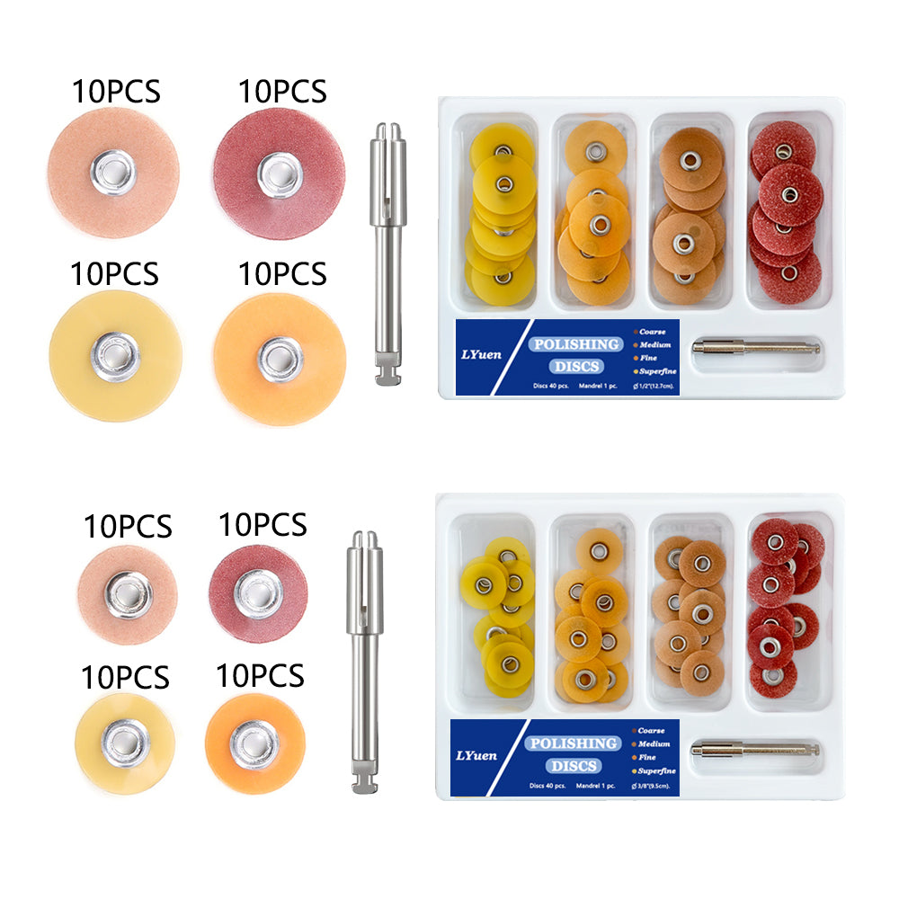 LYuen 40Pcs Dental Finishing & Polishing Discs Kit – 4-Color Grit System with 1PC RA 2.35mm Mandrel, Autoclavable for Composites/Ceramics/Glass Ionomer (1/2" & 3/8")