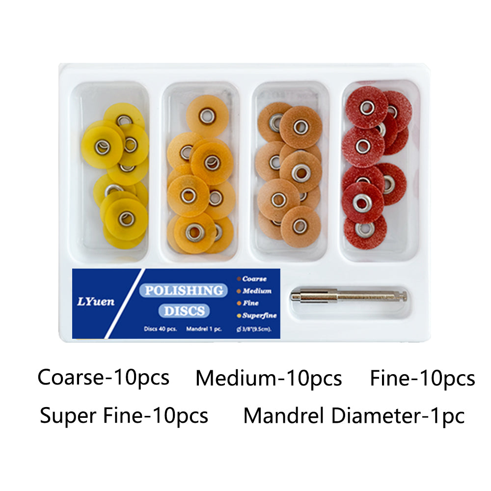 LYuen 40Pcs Dental Finishing & Polishing Discs Kit – 4-Color Grit System with 1PC RA 2.35mm Mandrel, Autoclavable for Composites/Ceramics/Glass Ionomer (1/2" & 3/8")
