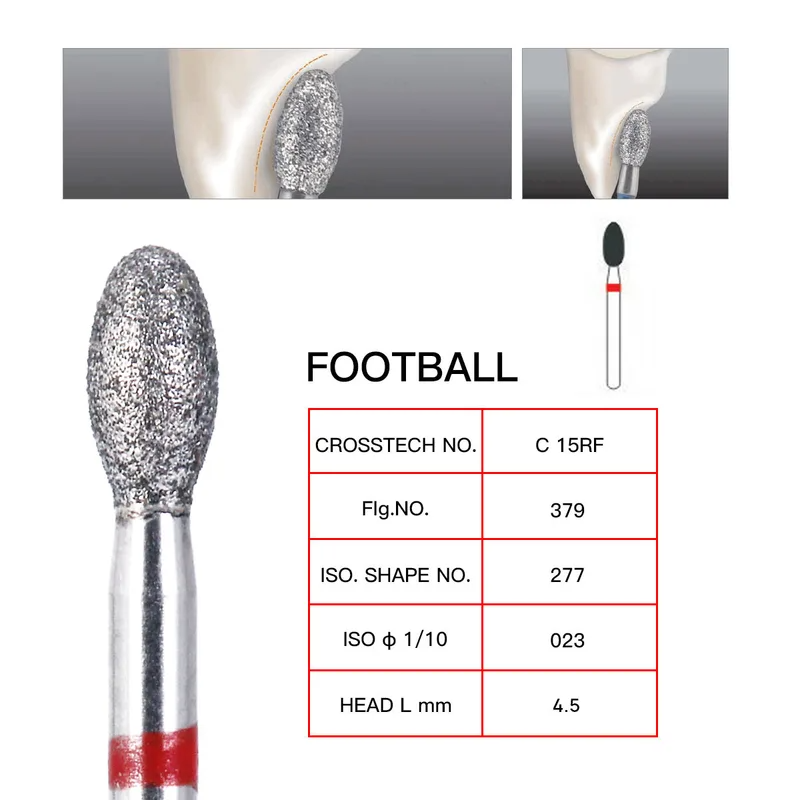 LYuen 10Pcs Football Shape Diamond Burs – 368-023F & 379-023F Fine Grit for High Speed Handpiece, Concentric Balanced Design for Smooth Cutting, Crown Preparation Tools (1.6mm FG)