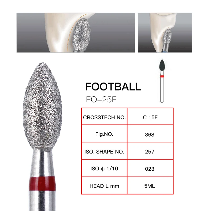 LYuen 10Pcs Football Shape Diamond Burs – 368-023F & 379-023F Fine Grit for High Speed Handpiece, Concentric Balanced Design for Smooth Cutting, Crown Preparation Tools (1.6mm FG)