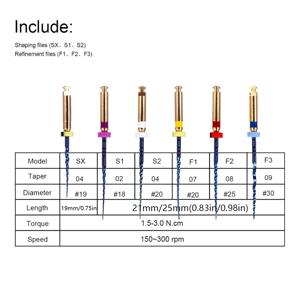 LYuen Dental Heat Activated Root Canal Files Kit SX-F3 6pcs/Box Heat Treated NiTi High Flexibility Dentist Endodontic Treatment Curved Canal Preparation Instruments