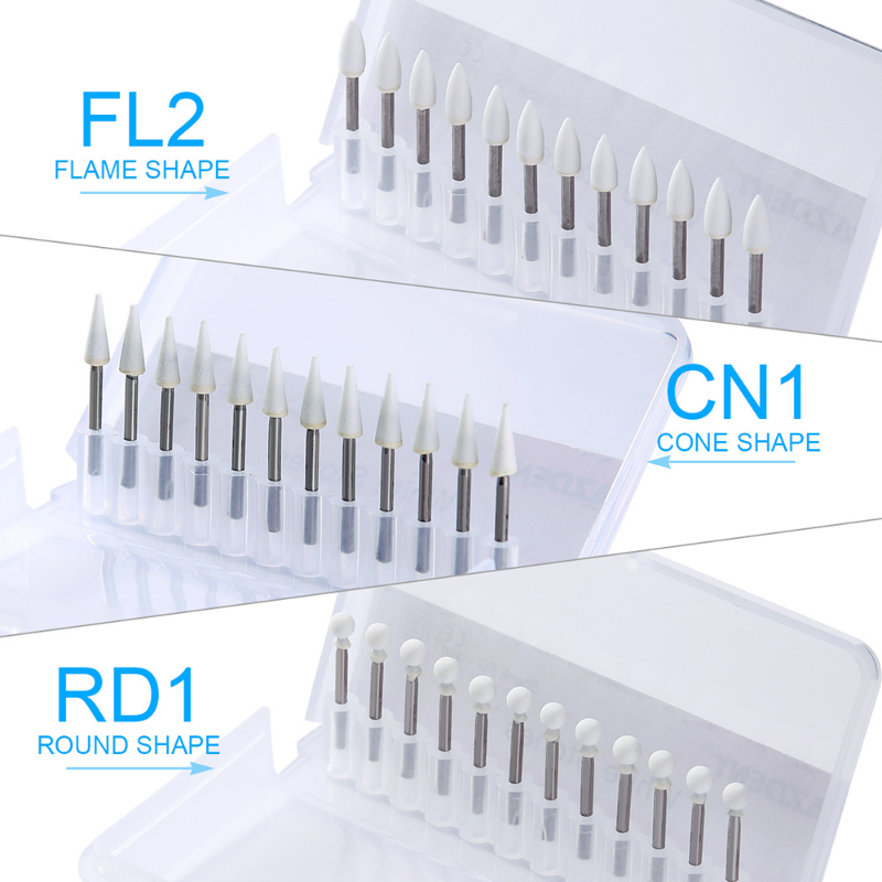LYuen 12pcs Dental Polishing Stones – White Stone FG Burs Set Cone/Flame/Round Shapes, Abrasion Bur for High Speed Handpiece (1.6mm)