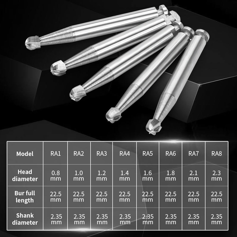 LYuen 5pcs Low Speed RA Tungsten Carbide Burs – Round Head 8 Sizes Optional, 2.35mm Shank for Dental Lab & Clinic, Precision Cutting Tools (22.5mm Length)