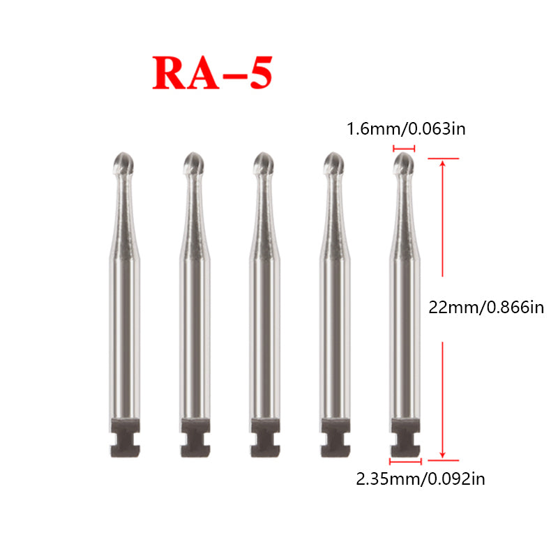 LYuen 5pcs Low Speed RA Tungsten Carbide Burs – Round Head 8 Sizes Optional, 2.35mm Shank for Dental Lab & Clinic, Precision Cutting Tools (22.5mm Length)