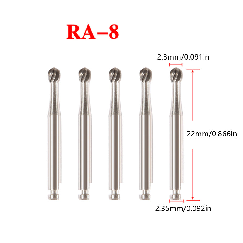 LYuen 5pcs Low Speed RA Tungsten Carbide Burs – Round Head 8 Sizes Optional, 2.35mm Shank for Dental Lab & Clinic, Precision Cutting Tools (22.5mm Length)