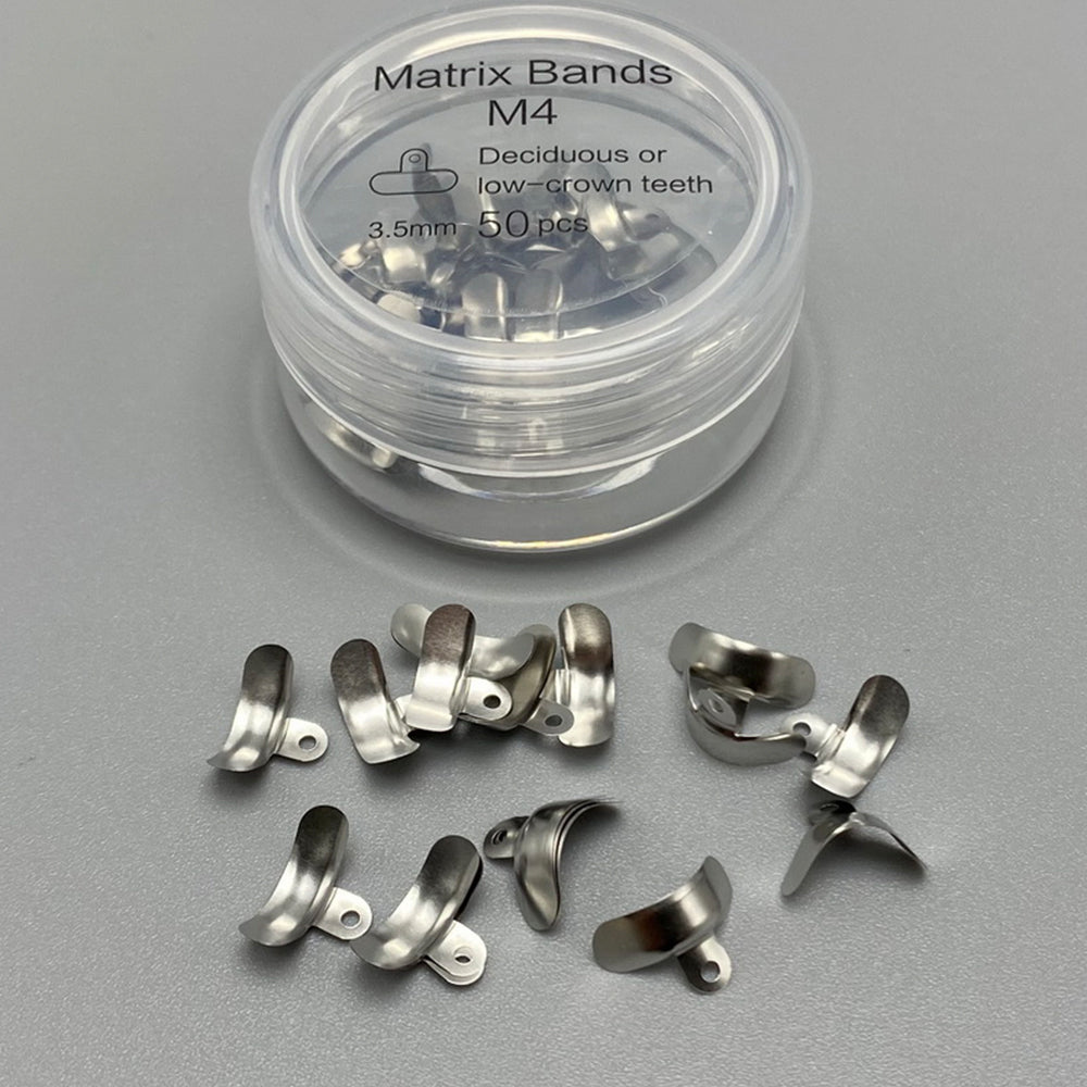 "LYuen Sectional Contoured Matrix System – 100Pcs Metal Matrices M4 (3.5-6.5mm) + Nickel Titanium Clamping Rings R6, Autoclavable 135°C for Restorative Dentistry  "