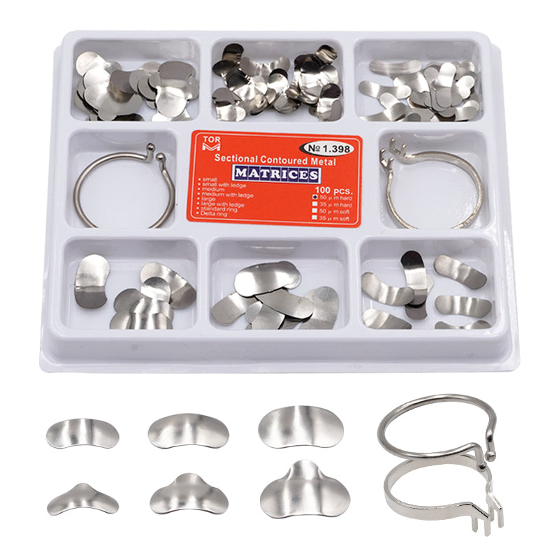 LYuen 100Pcs/Box Sectional Matrix System – Metal Matrices Clamping/Separating Rings with Springclip Plier, Stainless Steel Dental Tools for Restorative Procedures