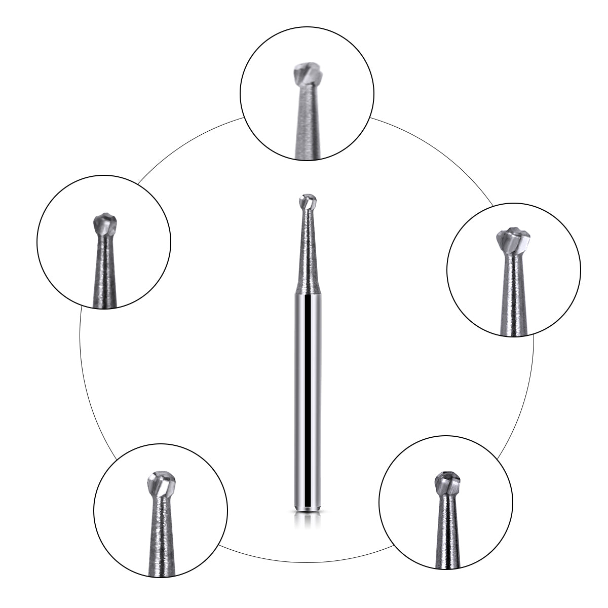 LYuen 10pcs Dental Tungsten Carbide Burs – FG Round 1/2/3/4/5, 1.6mm Shank for High Speed Handpiece, Sharp Cutting Edge Dentistry Tools (19mm Length)