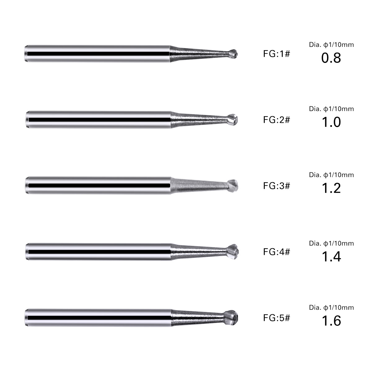 LYuen 10pcs Dental Tungsten Carbide Burs – FG Round 1/2/3/4/5, 1.6mm Shank for High Speed Handpiece, Sharp Cutting Edge Dentistry Tools (19mm Length)