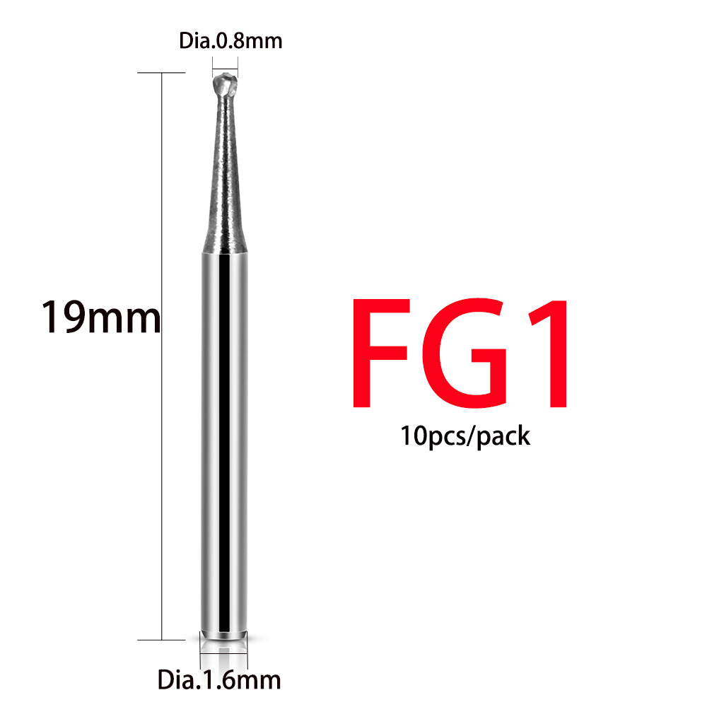 LYuen 10pcs Dental Tungsten Carbide Burs – FG Round 1/2/3/4/5, 1.6mm Shank for High Speed Handpiece, Sharp Cutting Edge Dentistry Tools (19mm Length)