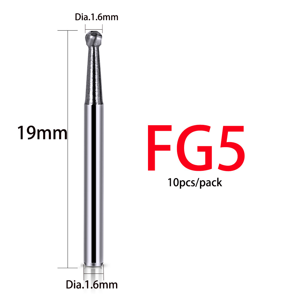 LYuen 10pcs Dental Tungsten Carbide Burs – FG Round 1/2/3/4/5, 1.6mm Shank for High Speed Handpiece, Sharp Cutting Edge Dentistry Tools (19mm Length)
