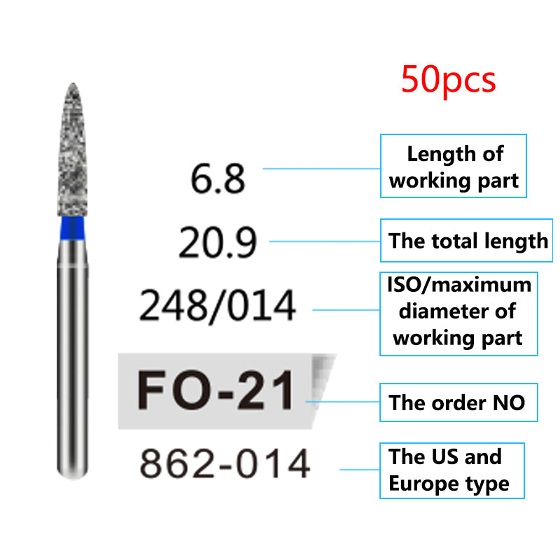 LYuen 50Pcs Dental Diamond Burs Set – FG 1.6mm High Speed Handpiece Burs, Polishing & Whitening Lab Material, Mixed Types Available (50 Burs Per Type)