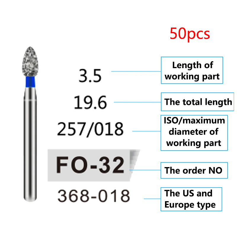 LYuen 50Pcs Dental Diamond Burs Set – FG 1.6mm High Speed Handpiece Burs, Polishing & Whitening Lab Material, Mixed Types Available (50 Burs Per Type)