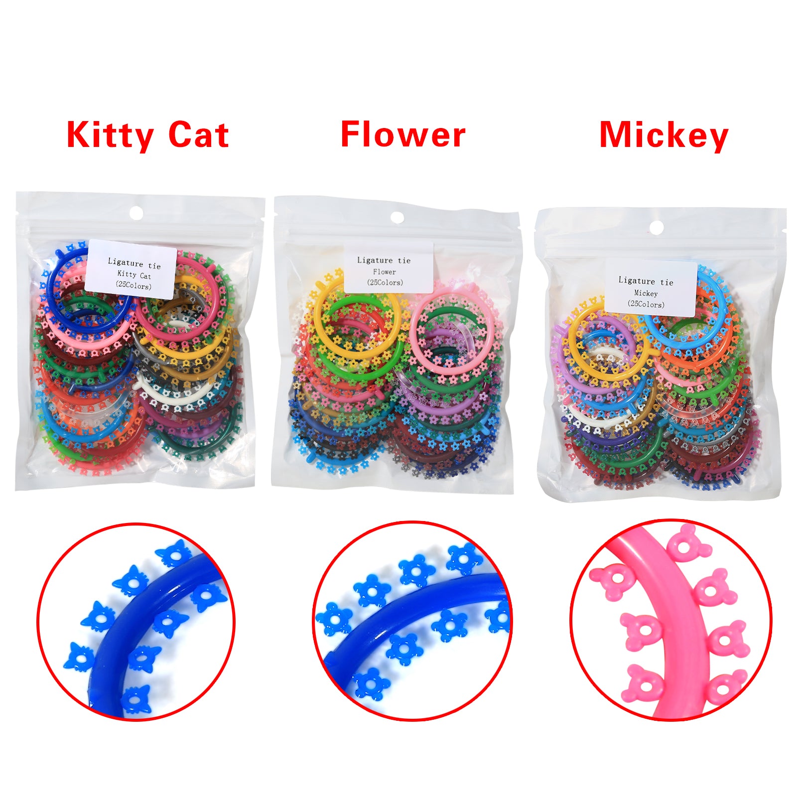 LYuen 1000Pcs Orthodontic Ligature Ties – Cartoon O-Ring Elastic Bands Flower/Kitty Cat/Mickey Shapes, Medical Grade Rubber for Archwire Braces (Multi-Colored)
