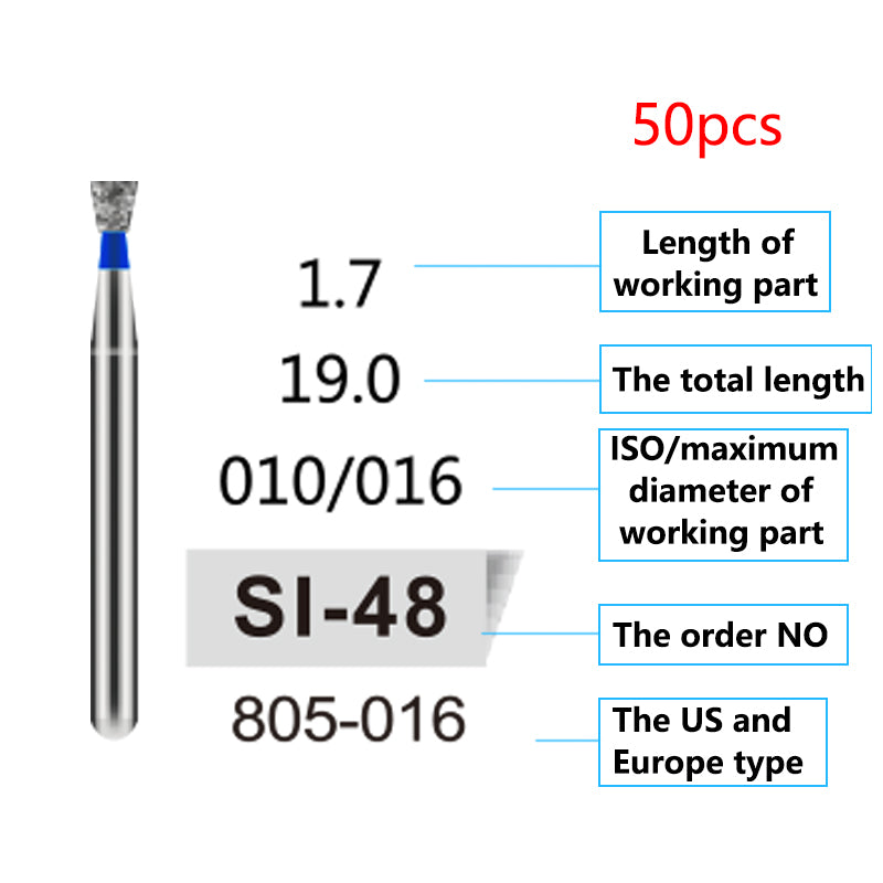 LYuen 50Pcs Dental Diamond Burs Set – FG 1.6mm High Speed Handpiece Burs, Polishing & Whitening Lab Material, Mixed Types Available (50 Burs Per Type)