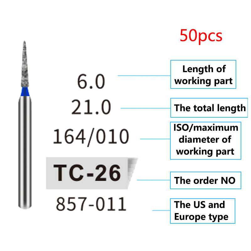 LYuen 50Pcs Dental Diamond Burs Set – FG 1.6mm High Speed Handpiece Burs, Polishing & Whitening Lab Material, Mixed Types Available (50 Burs Per Type)