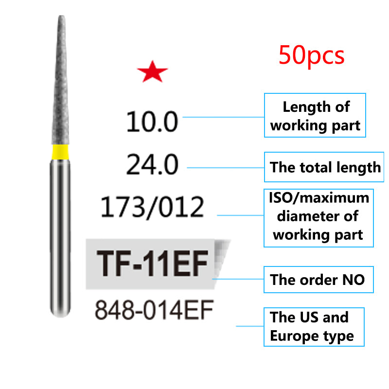 LYuen 50Pcs Dental Diamond Burs Set – FG 1.6mm High Speed Handpiece Burs, Polishing & Whitening Lab Material, Mixed Types Available (50 Burs Per Type)