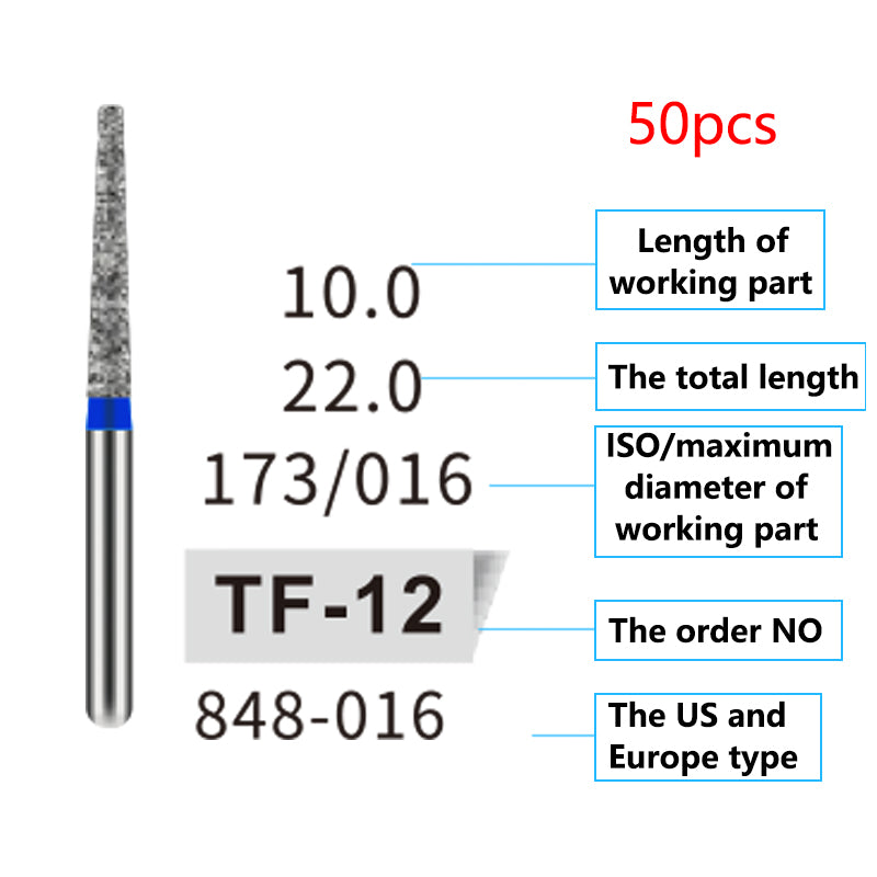 LYuen 50Pcs Dental Diamond Burs Set – FG 1.6mm High Speed Handpiece Burs, Polishing & Whitening Lab Material, Mixed Types Available (50 Burs Per Type)