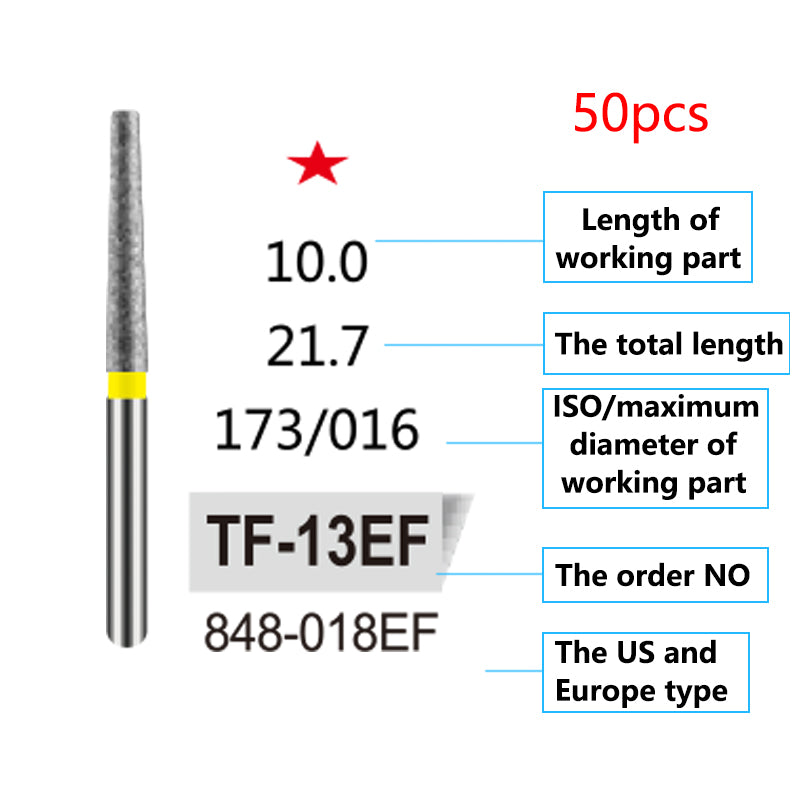 LYuen 50Pcs Dental Diamond Burs Set – FG 1.6mm High Speed Handpiece Burs, Polishing & Whitening Lab Material, Mixed Types Available (50 Burs Per Type)