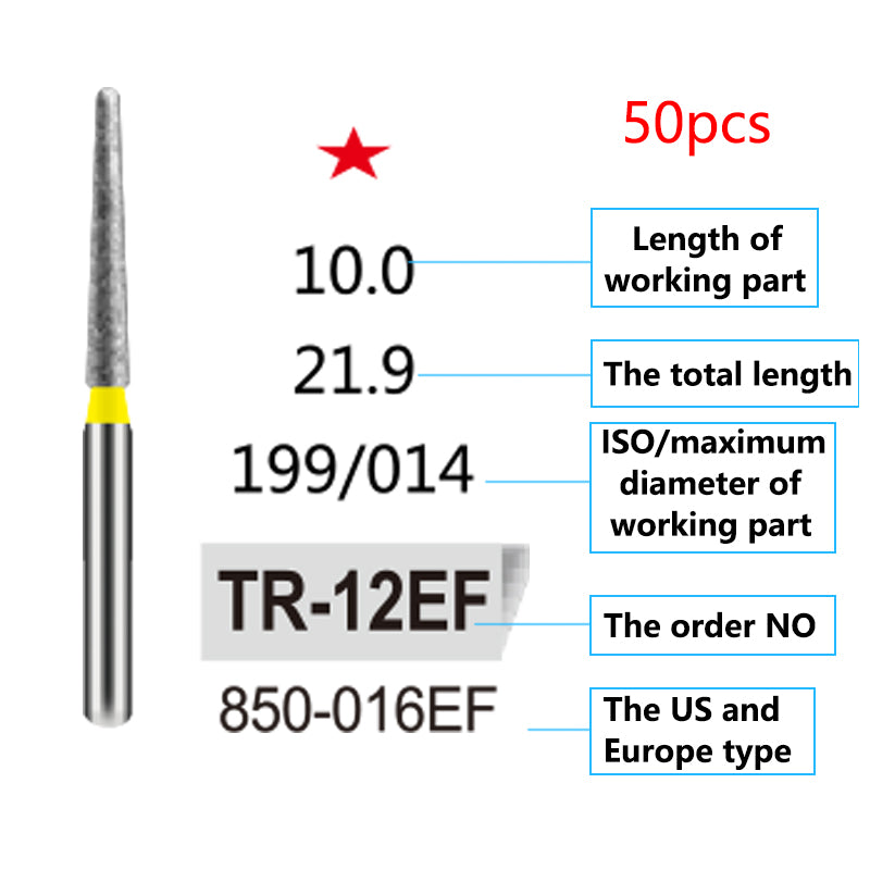 LYuen 50Pcs Dental Diamond Burs Set – FG 1.6mm High Speed Handpiece Burs, Polishing & Whitening Lab Material, Mixed Types Available (50 Burs Per Type)