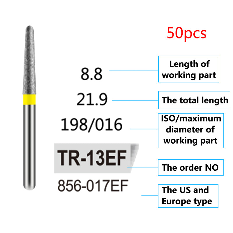 LYuen 50Pcs Dental Diamond Burs Set – FG 1.6mm High Speed Handpiece Burs, Polishing & Whitening Lab Material, Mixed Types Available (50 Burs Per Type)