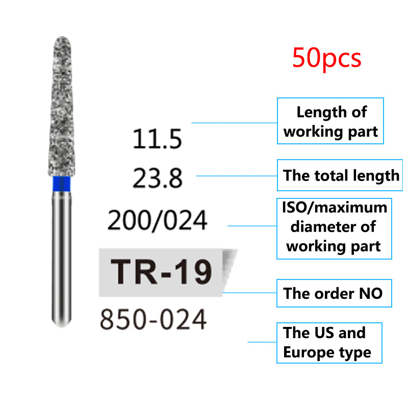 LYuen 50Pcs Dental Diamond Burs Set – FG 1.6mm High Speed Handpiece Burs, Polishing & Whitening Lab Material, Mixed Types Available (50 Burs Per Type)