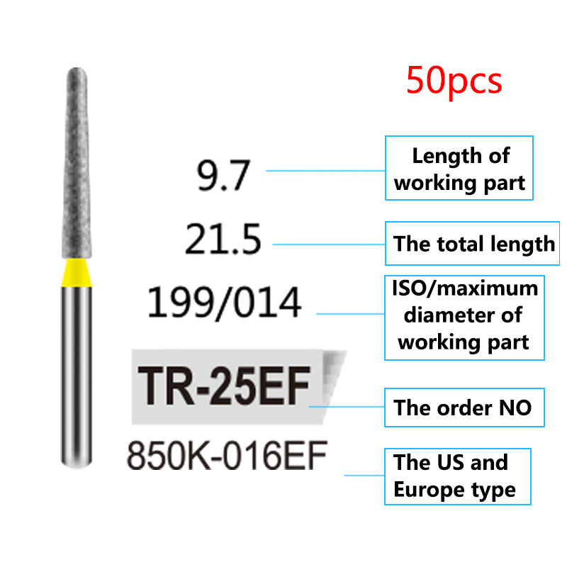 LYuen 50Pcs Dental Diamond Burs Set – FG 1.6mm High Speed Handpiece Burs, Polishing & Whitening Lab Material, Mixed Types Available (50 Burs Per Type)