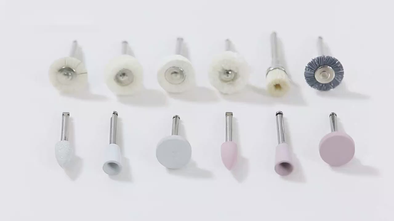 LYuen 12Pcs Dental Composite Polishing Kit – Multi-Material Silicone/Goat Hair/Felt Polishers, RA 2.35mm for Low Speed Handpiece, Finishing Tools (15,000 RPM)